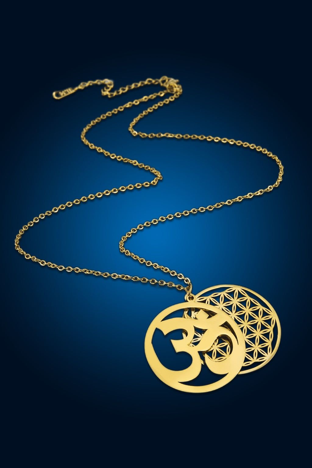 Om, Blume des Lebens, Halskette, Goldener Anhänger, Blauer Hintergrund, Schmuck, Sperrbildschirm