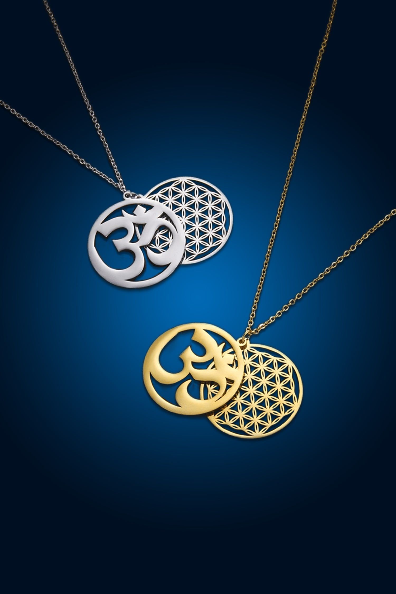 Om, Blume des Lebens, Anhänger, Halsketten, Blauer Hintergrund, Schmuck, Sperrbildschirm fürs iPhone