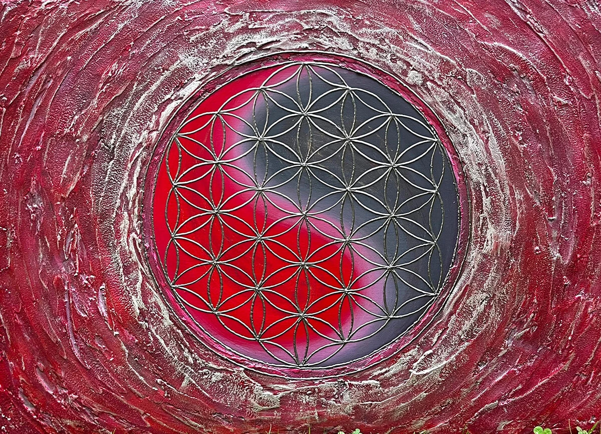 Yin und Yang, Blume des Lebens, Gemälde, Rot und Silber, Strukturfarbe, Hintergrund