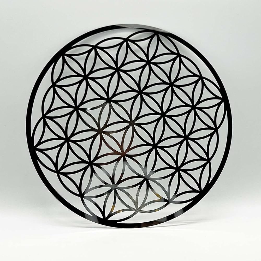 Blume des Lebens, Schwarzes Metall, Ornament, Heilige Geometrie, Grauer Hintergrund, Wallpaper