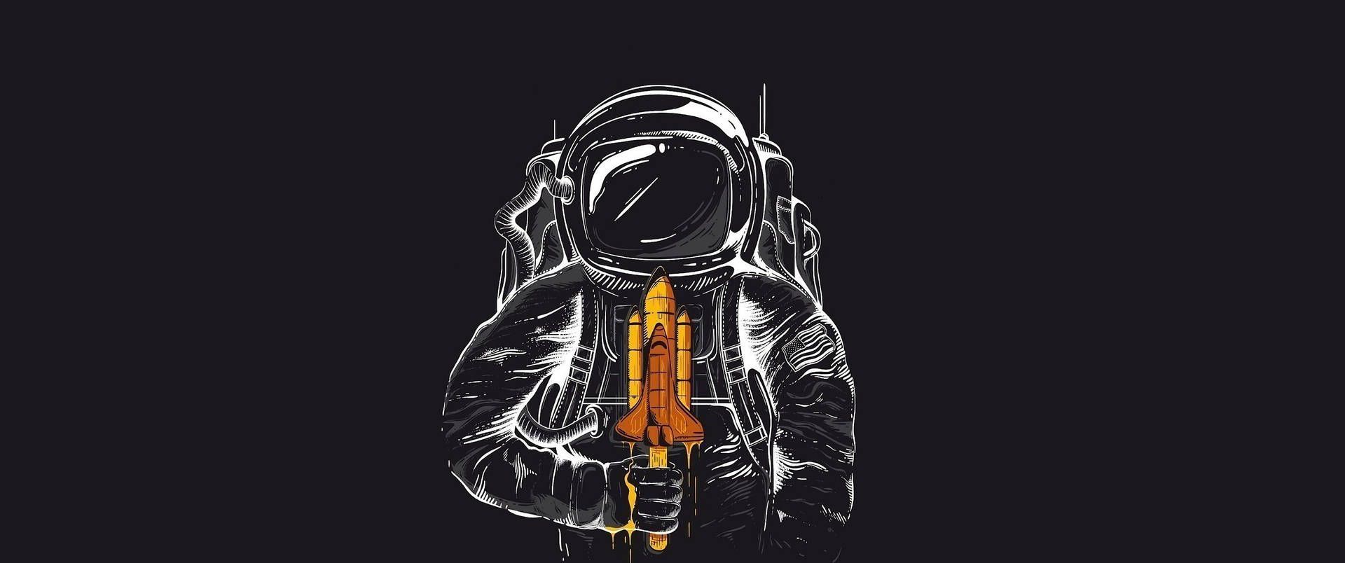 Astronaut, Rakete, Strichzeichnung, Schwarzer Hintergrund, Illustration, Full HD Wallpaper
