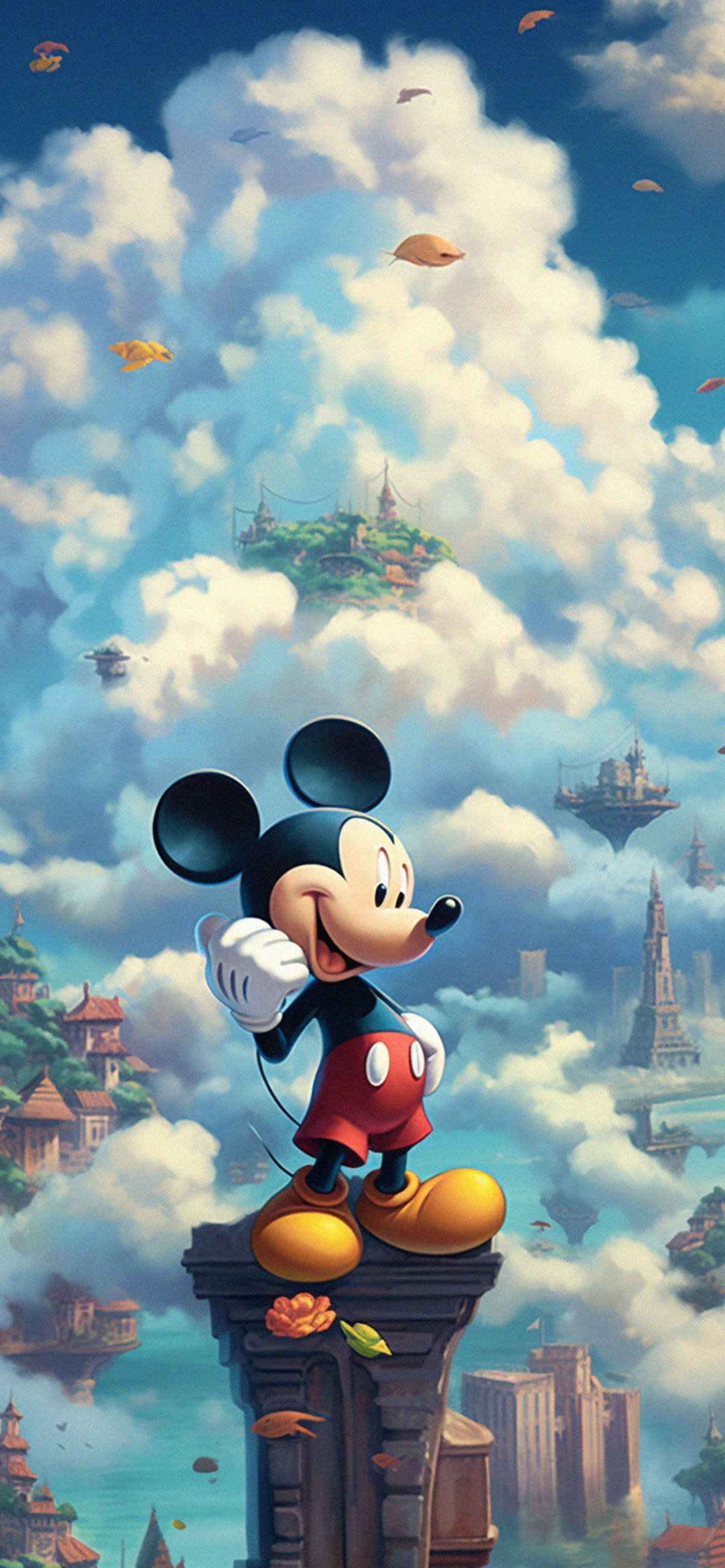 Micky Maus, Wolken, Fantasiestadt, Digitale Kunst, Blauer Himmel, Android-Hintergrundbild