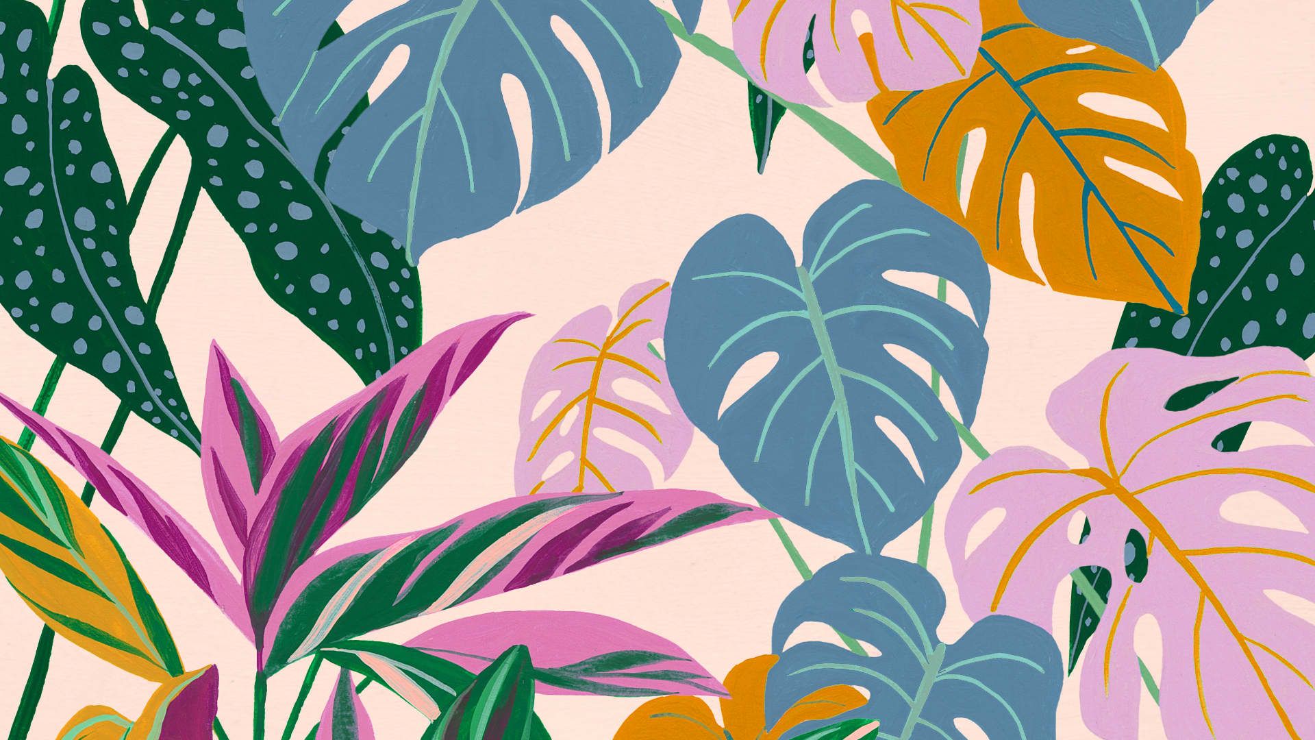 Tropische Blätter, Monstera, Bunt, Illustration, Muster, Full-HD-Hintergrundbild für PC
