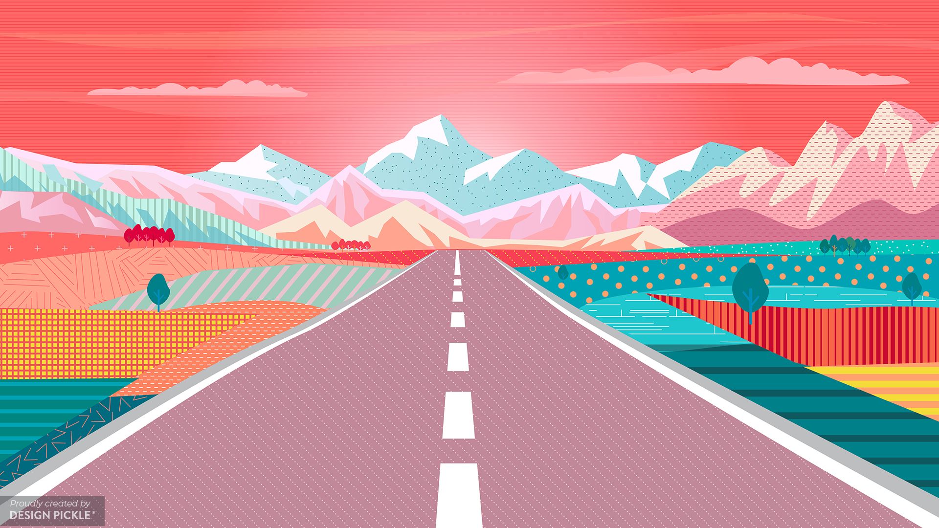 Straße, Berge, Bunte Landschaft, Illustration, Flaches Design, Full HD, Desktop-Hintergrund