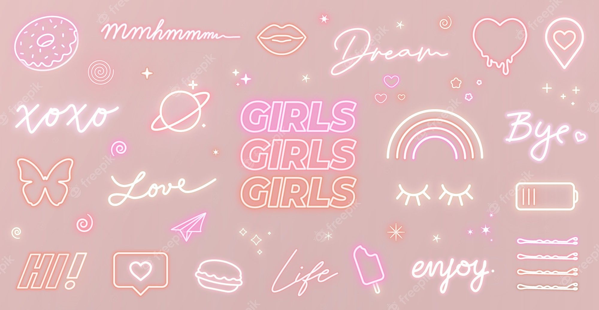 Neonschriftzüge, Girls, Rosa, Herzen, Regenbogen, Icons, Full HD, Windows-Hintergrundbild