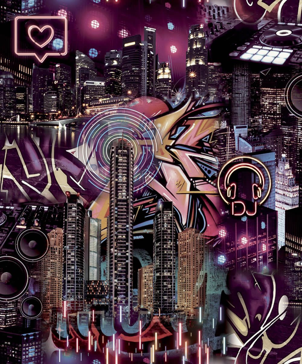 Stadt bei Nacht, Collage, Lila, Wolkenkratzer, Neon, HD, Hintergrundbild fürs Tablet