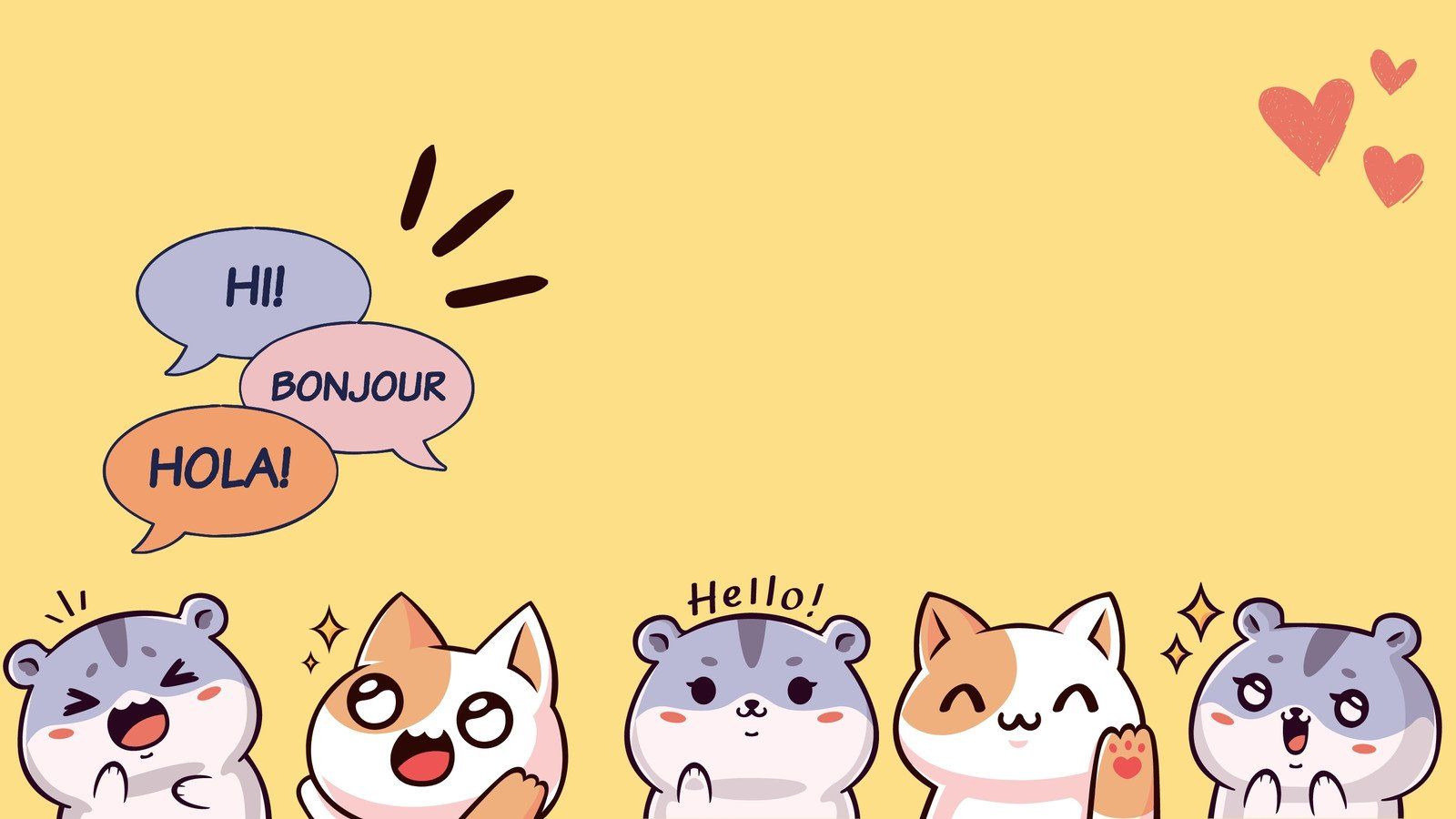 Hamster, Katzen, Hallo, Sprechblasen, Kawaii, Gelb, 16:9, HD-Hintergrundbild für den Desktop