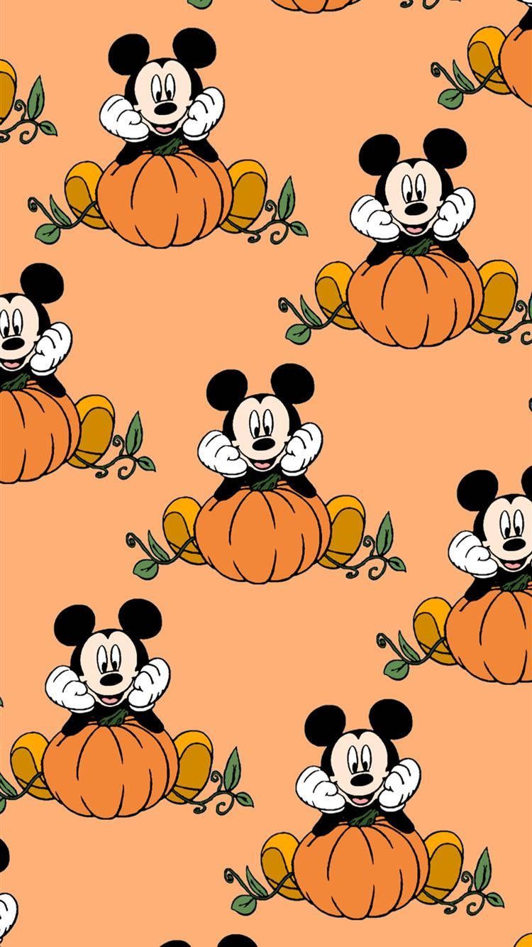 Micky Maus, Kürbisse, Muster, Halloween, Oranger Hintergrund, Sperrbildschirm fürs iPhone