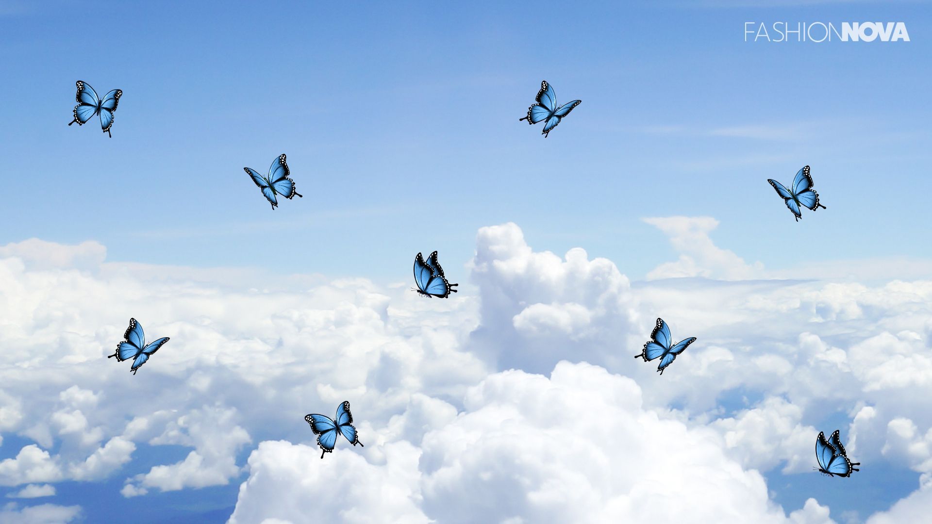 Fashion Nova, Blaue Schmetterlinge, Wolken, Himmel, 16:9, Full-HD-Hintergrundbild für den Desktop