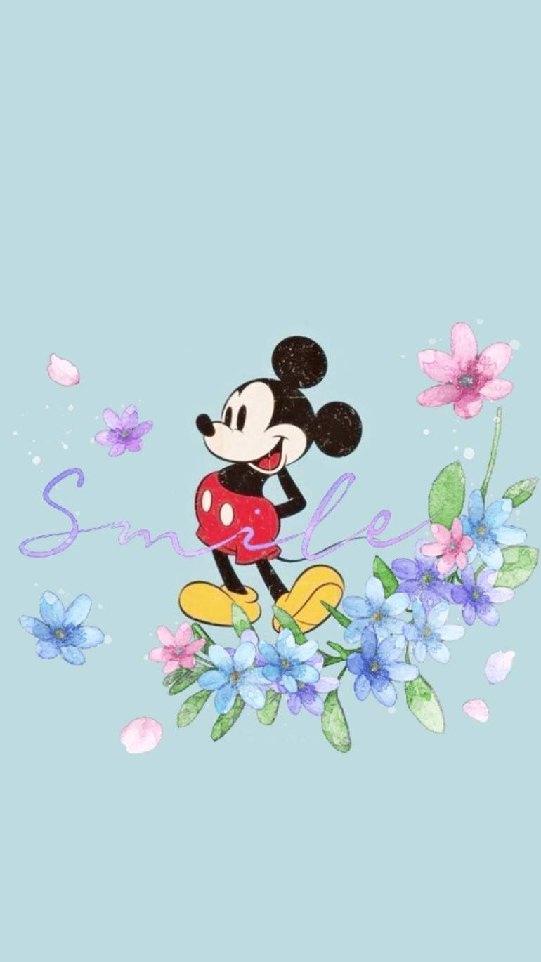 Micky Maus, Blumen, Aquarell, Hellblauer Hintergrund, Frühling, Sperrbildschirm fürs iPhone
