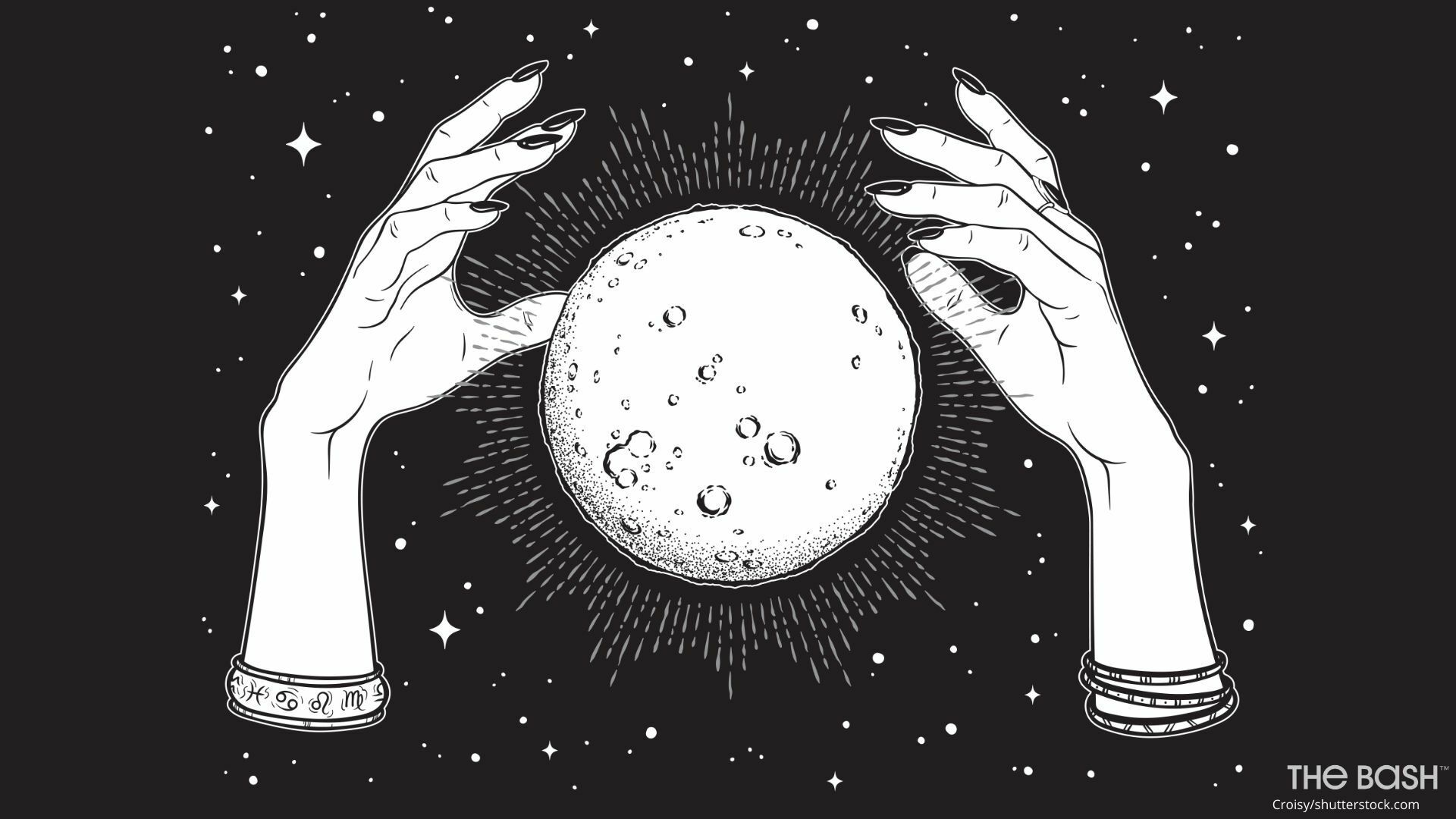 Mond, Hände, Sterne, Schwarz-Weiß, Mystisch, 16:9, Full-HD-Hintergrundbild für den Desktop