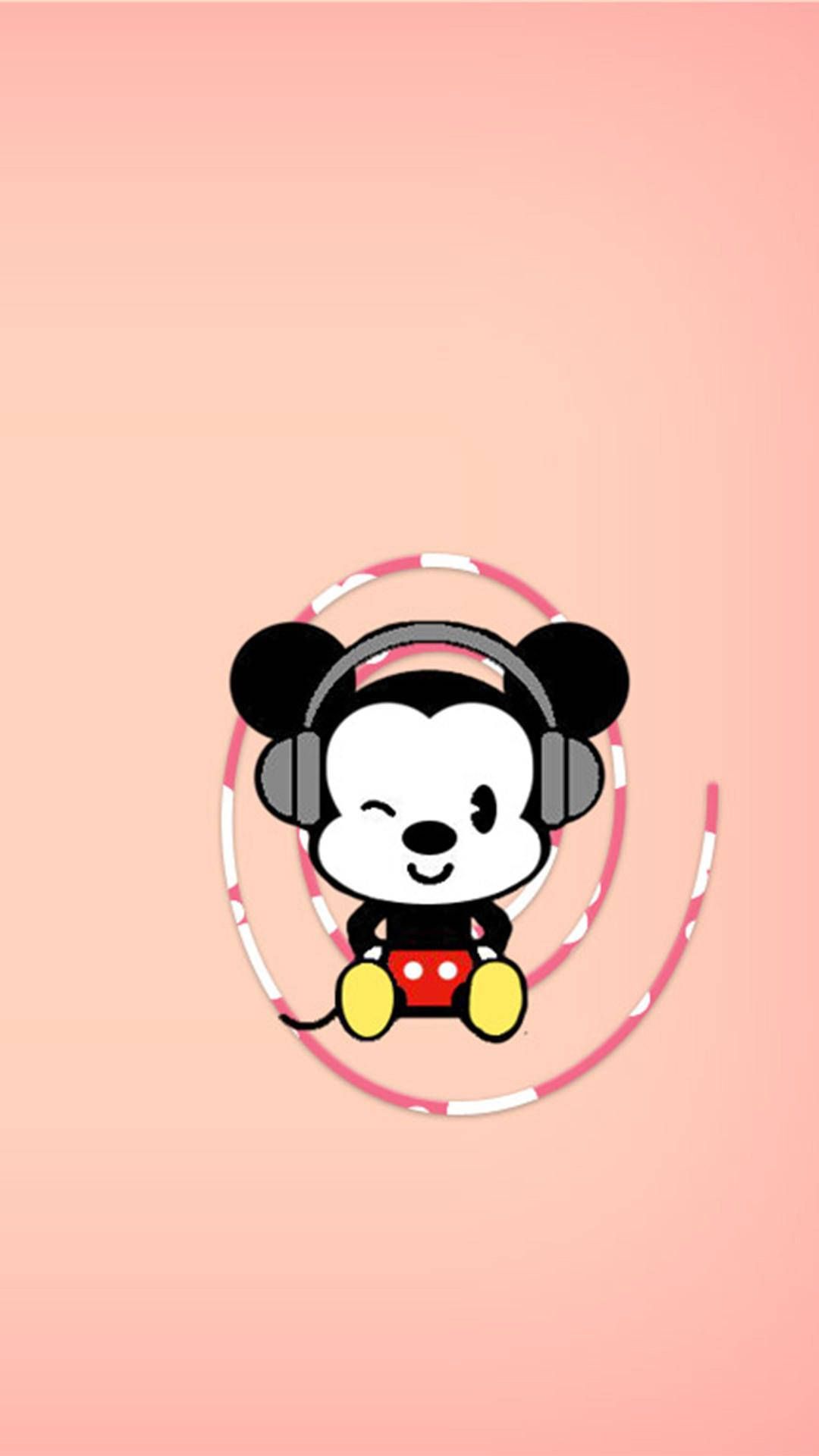 Micky Maus, Kopfhörer, Pfirsichfarbener Hintergrund, Chibi, Musik, Sperrbildschirm fürs iPhone