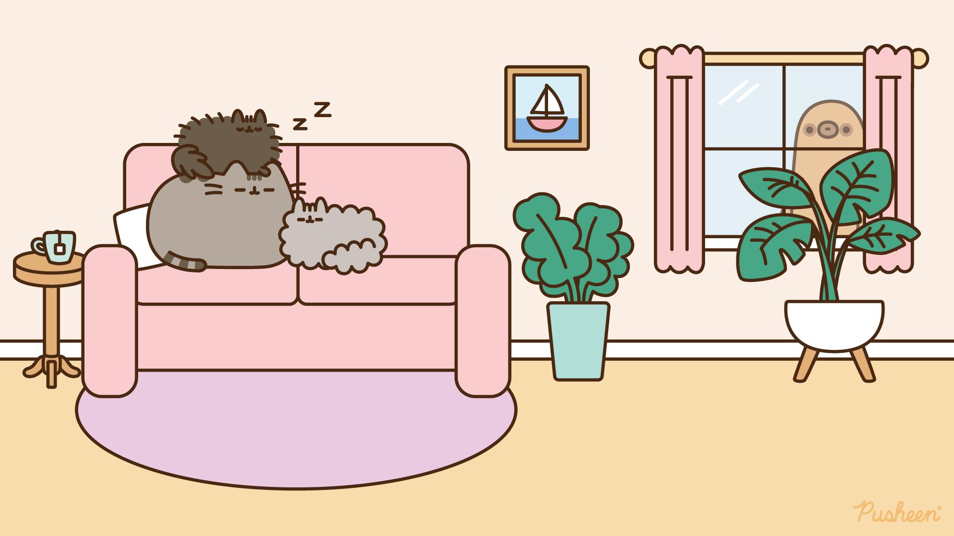 Pusheen, Katze, Sofa, Wohnzimmer, Kawaii, Illustration, Full HD 1080p, Desktop-Hintergrundbild