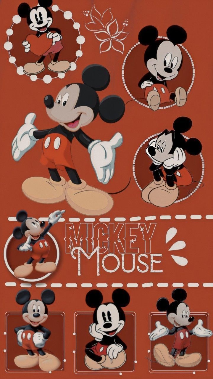 Micky Maus, Collage, Sticker, Brauner Hintergrund, Schriftzug, Retro, Sperrbildschirm fürs iPhone