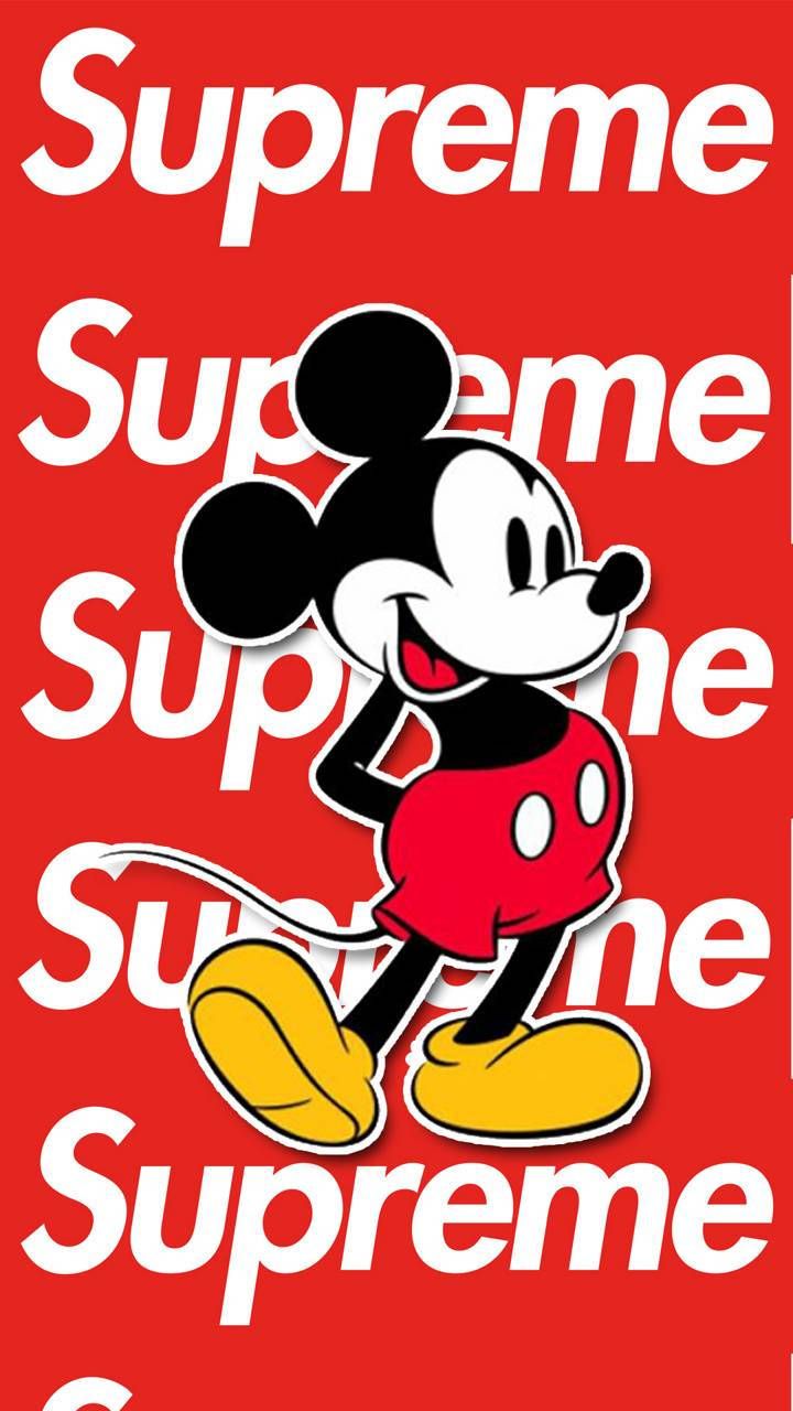 Micky Maus, Supreme, Roter Hintergrund, Schriftzug, Streetwear, Sperrbildschirm fürs iPhone