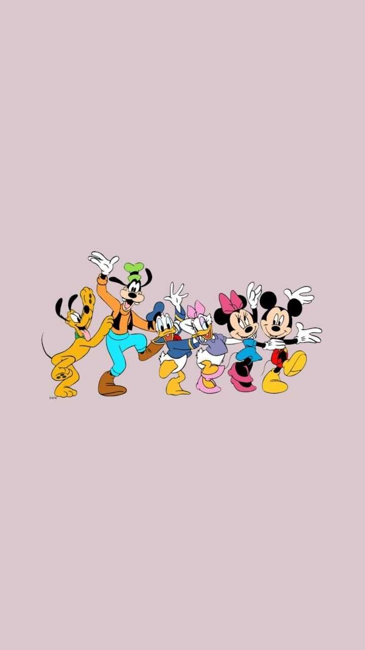 Micky Maus, Minnie Maus, Donald Duck, Goofy, Pluto, Daisy Duck, Altrosa Hintergrund, Sperrbildschirm
