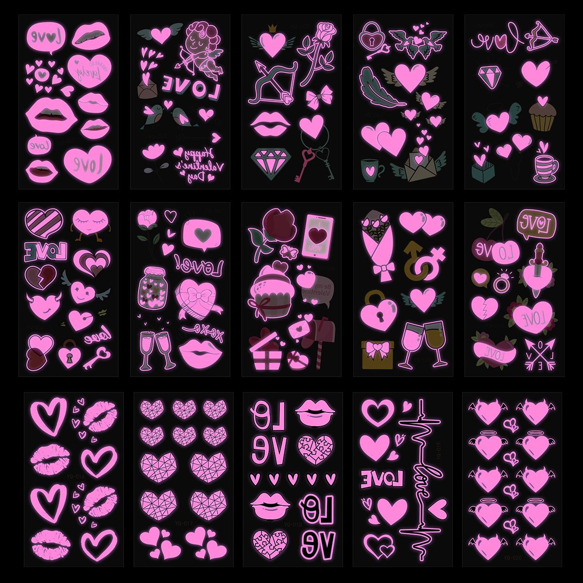 Rosa Sticker, Herzen, Schwarzer Hintergrund, Muster, Icons, Wallpaper