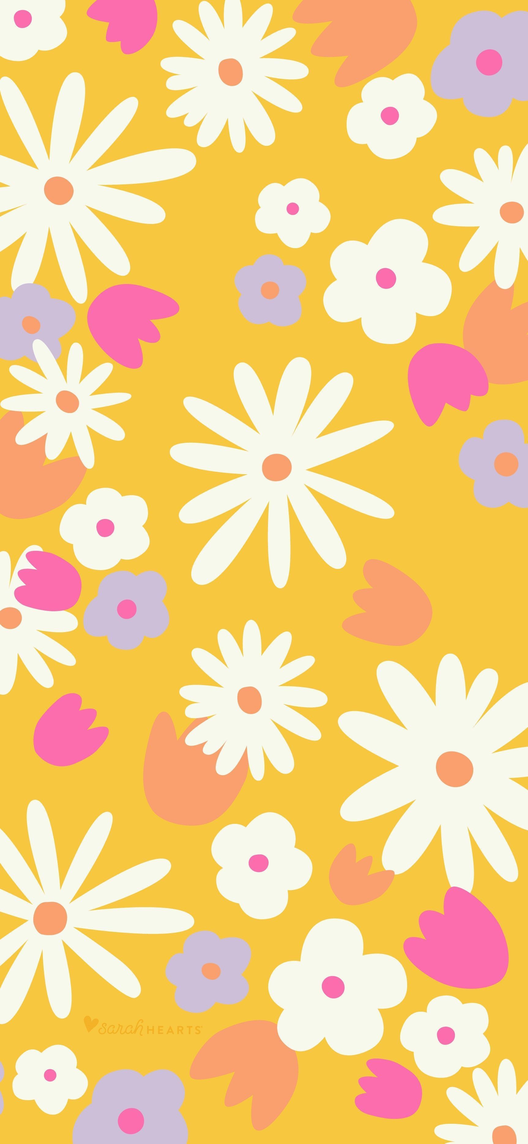 Blumenmuster, Gänseblümchen, Gelber Hintergrund, Retro, Bunt, Sperrbildschirm fürs iPhone