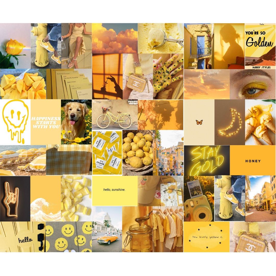 Collage, Gelbe Ästhetik, Smiley, Moodboard, Sonnig, Hintergrundbild für iPad und Tablet
