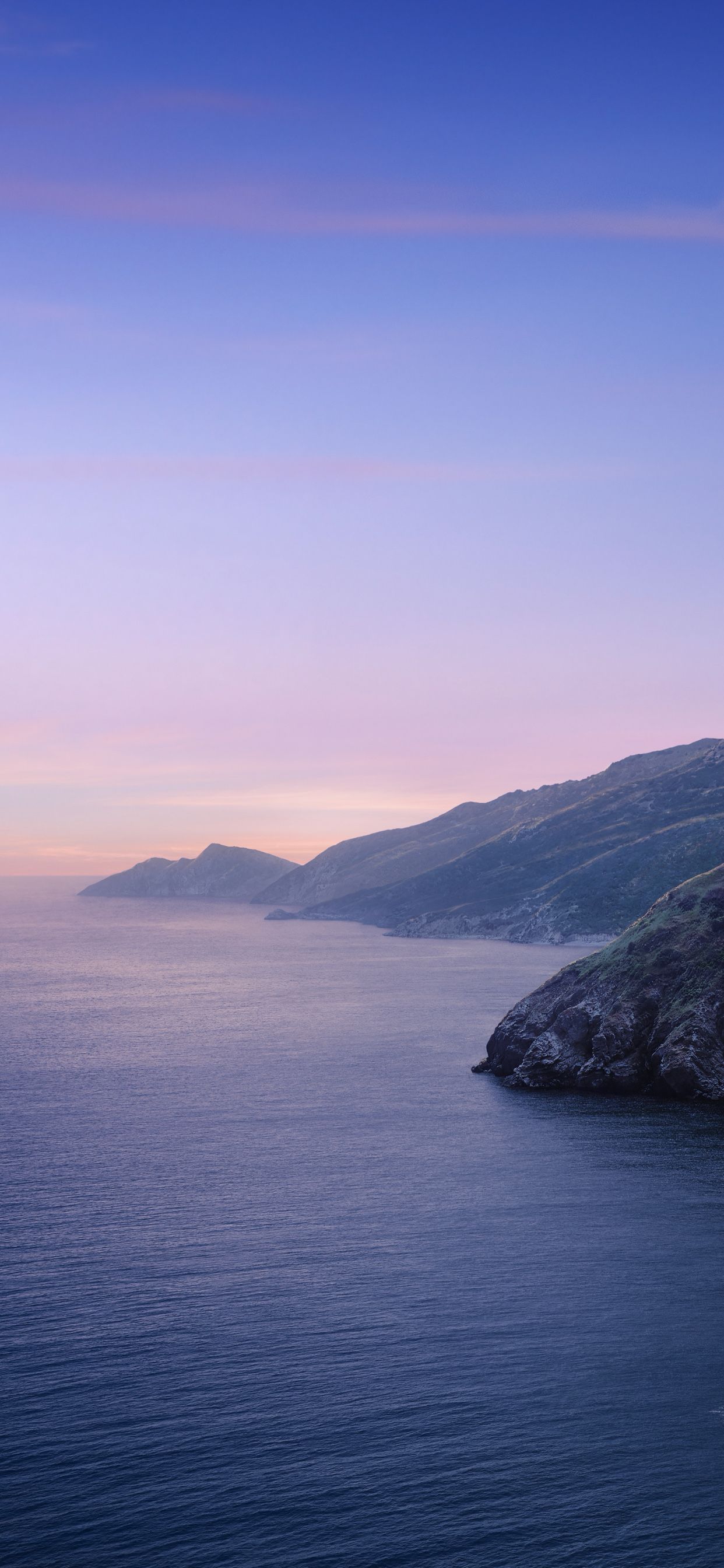 macOS Catalina, Insel, Küste, Meer, Abenddämmerung, Lila Himmel, iPhone 17 Pro, Hintergrundbild