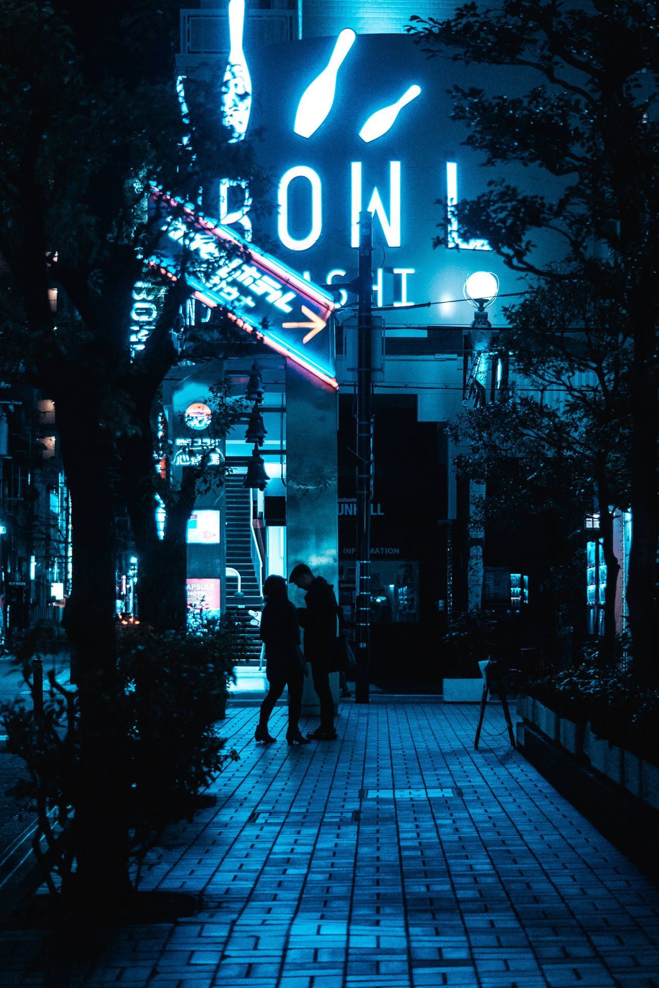 Neonschild, Gasse, Nacht, Blau, Stadt, Full HD, Hintergrundbild fürs Handy