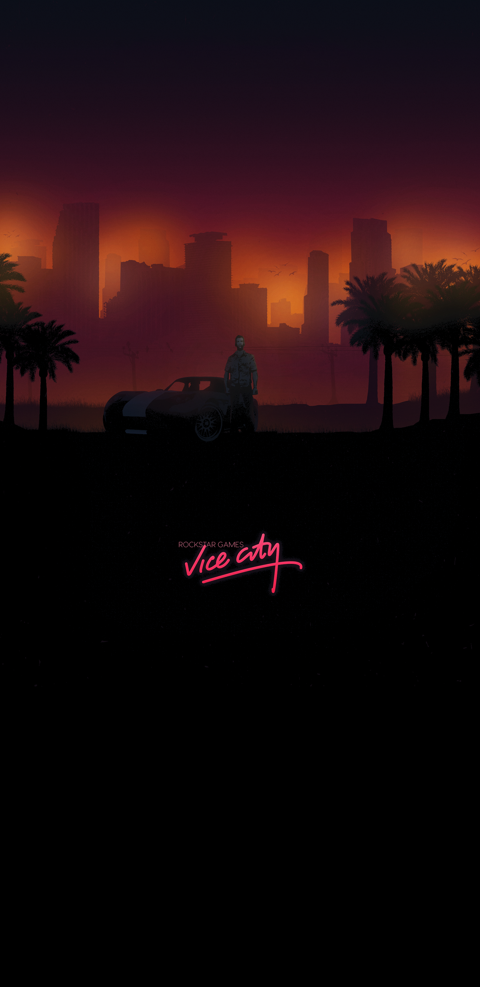 Skyline, Palmen, Retrowave, Sonnenuntergang, Schwarz, Schriftzug, Sperrbildschirm fürs iPhone 17 Pro