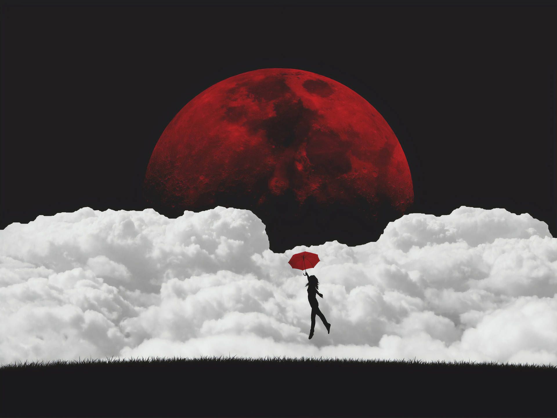 Blutmond, Wolken, Regenschirm, Silhouette, Surreal, Hintergrundbild für iPad und Tablet