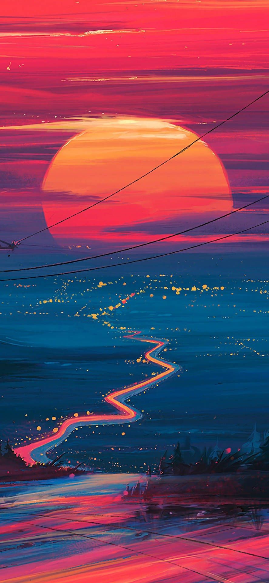 Sonnenuntergang, Synthwave, Kurvige Straße, Illustration, Pink, Blau, Hintergrundbild fürs iPhone 17 Pro