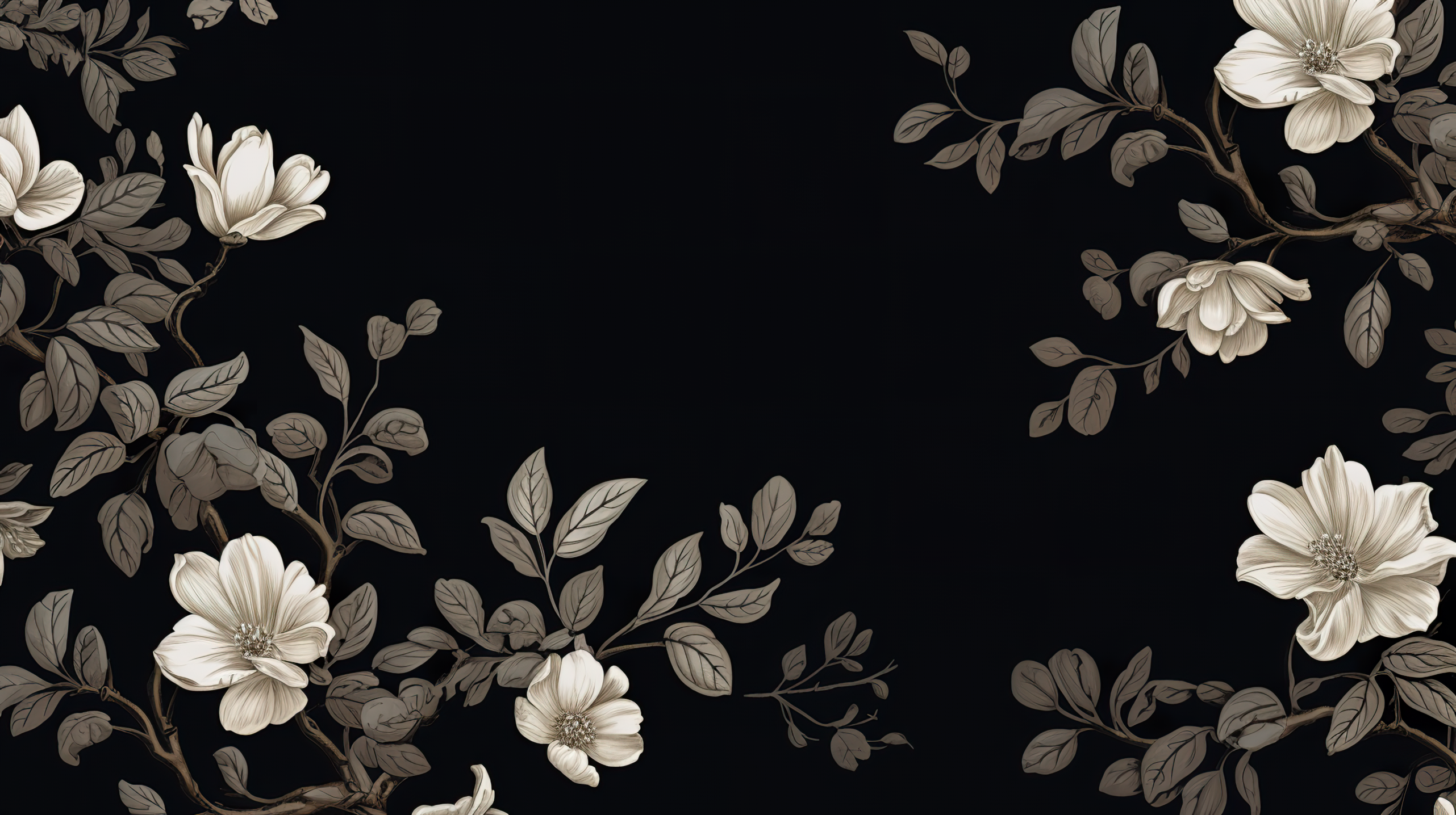 Weiße Blüten, Zweige, Schwarzer Hintergrund, Illustration, Elegant, 2K Wallpaper