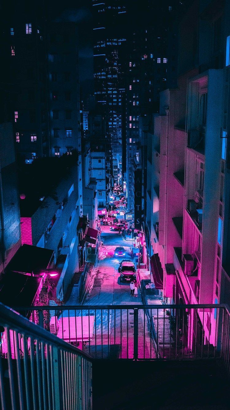 Gasse, Neonlicht, Cyberpunk, Treppe, Pink und Blau, HD, Hintergrundbild fürs Handy