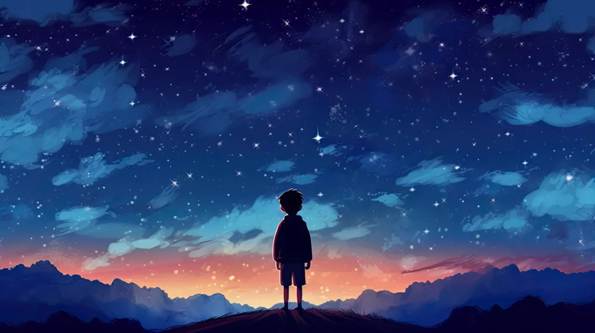 Junge, Sternenhimmel, Silhouette, Wolken, Anime-Stil, Hintergrundbild