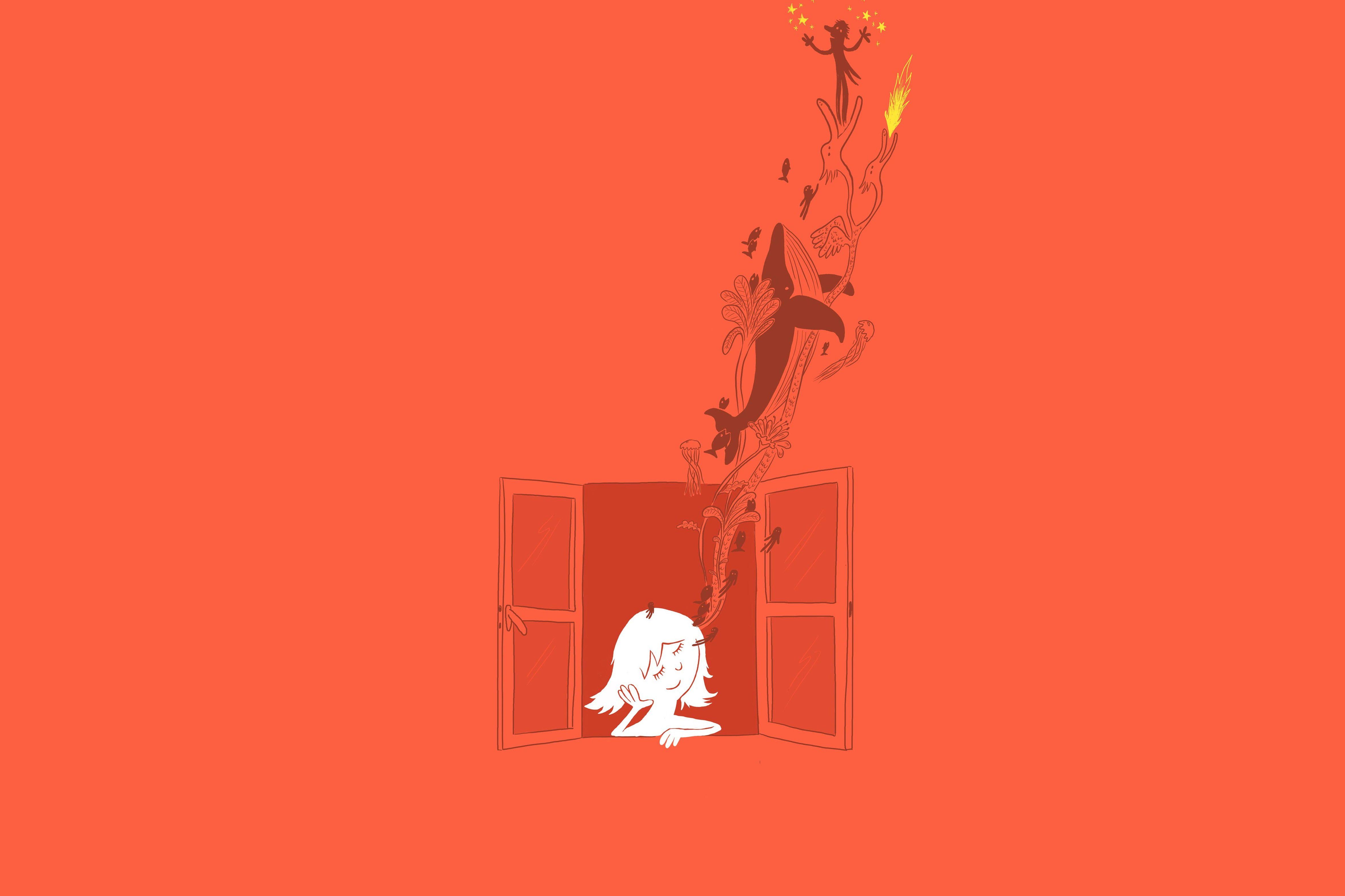 Fenster, Surreal, Orange, Illustration, Minimalistisch, 4K, Hintergrundbild für den PC