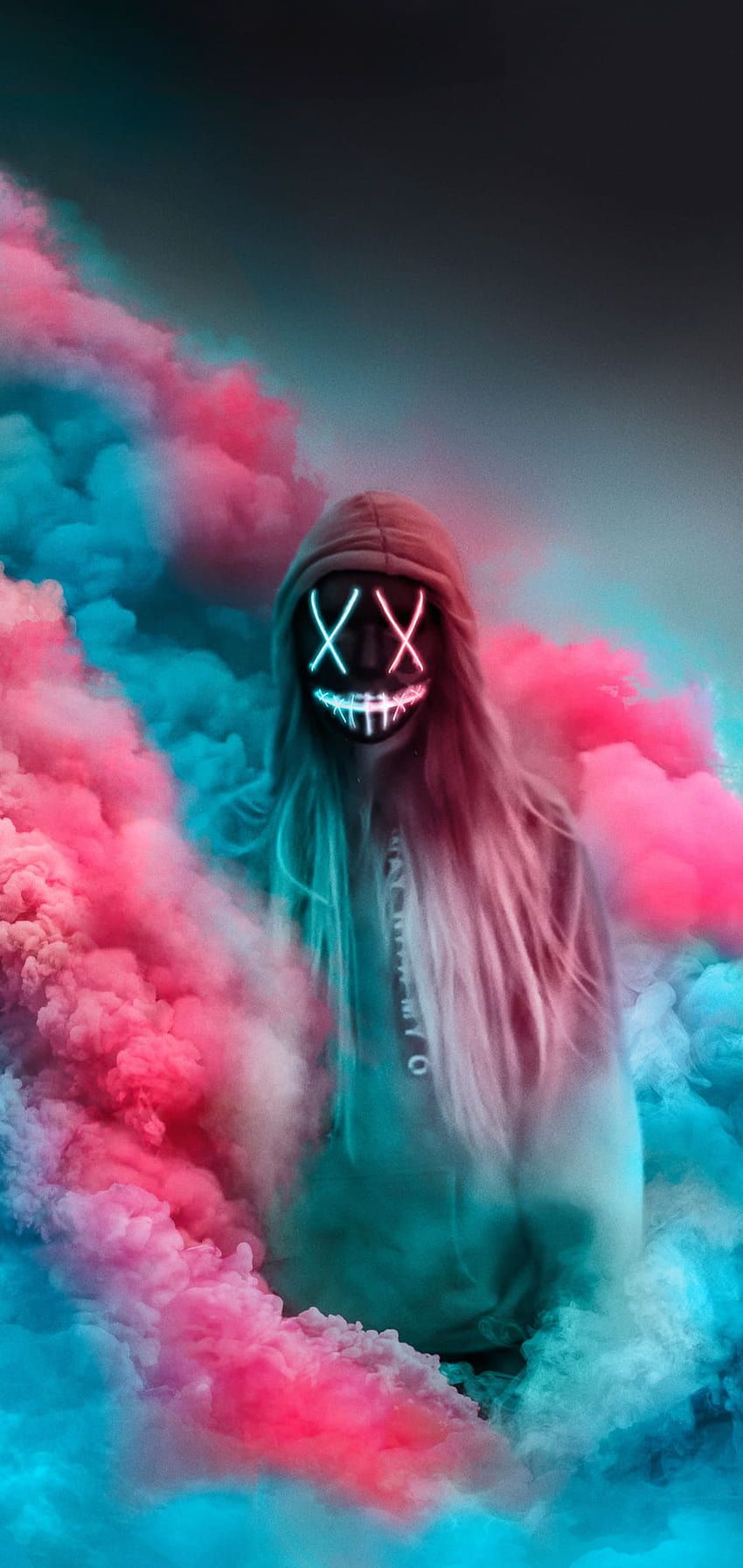 Purge-Maske, Leuchtmaske, Rauch, Pink, Türkis, Kapuze, Hintergrundbild fürs iPhone 17 Pro