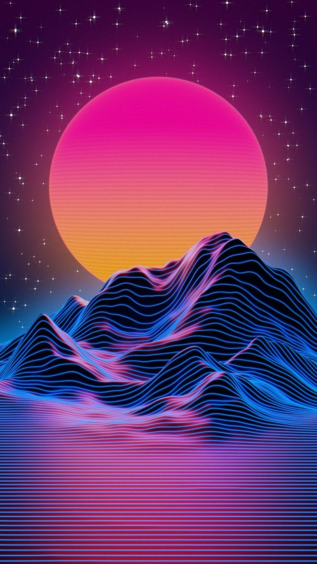 Synthwave, Sonne, Berge, Wireframe, Retrowave, Pink und Lila, iPhone-17-Pro-Wallpaper