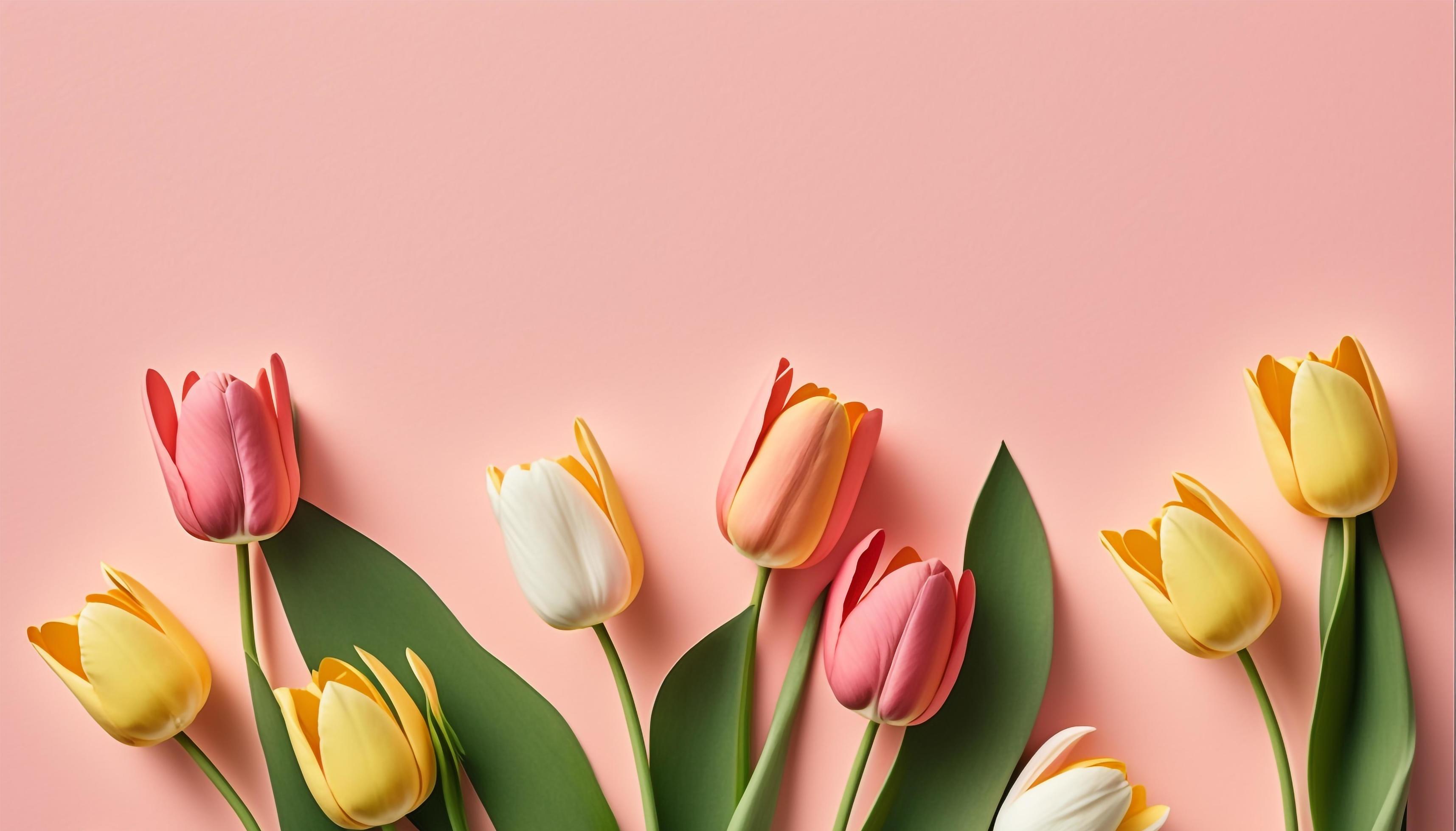 Tulpen, Rosa Hintergrund, Gelb, Frühling, Flatlay, 2K Wallpaper
