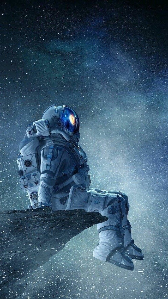 Astronaut, Raumanzug, Felsvorsprung, Weltraum, Blaugrün, Einsamkeit, Hintergrundbild fürs Handy