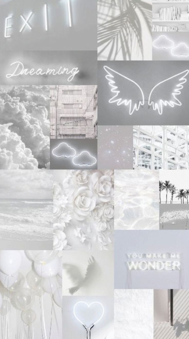 Collage, Neonschrift, Engelsflügel, Grautöne, Weiße Ästhetik, Android-Hintergrundbild