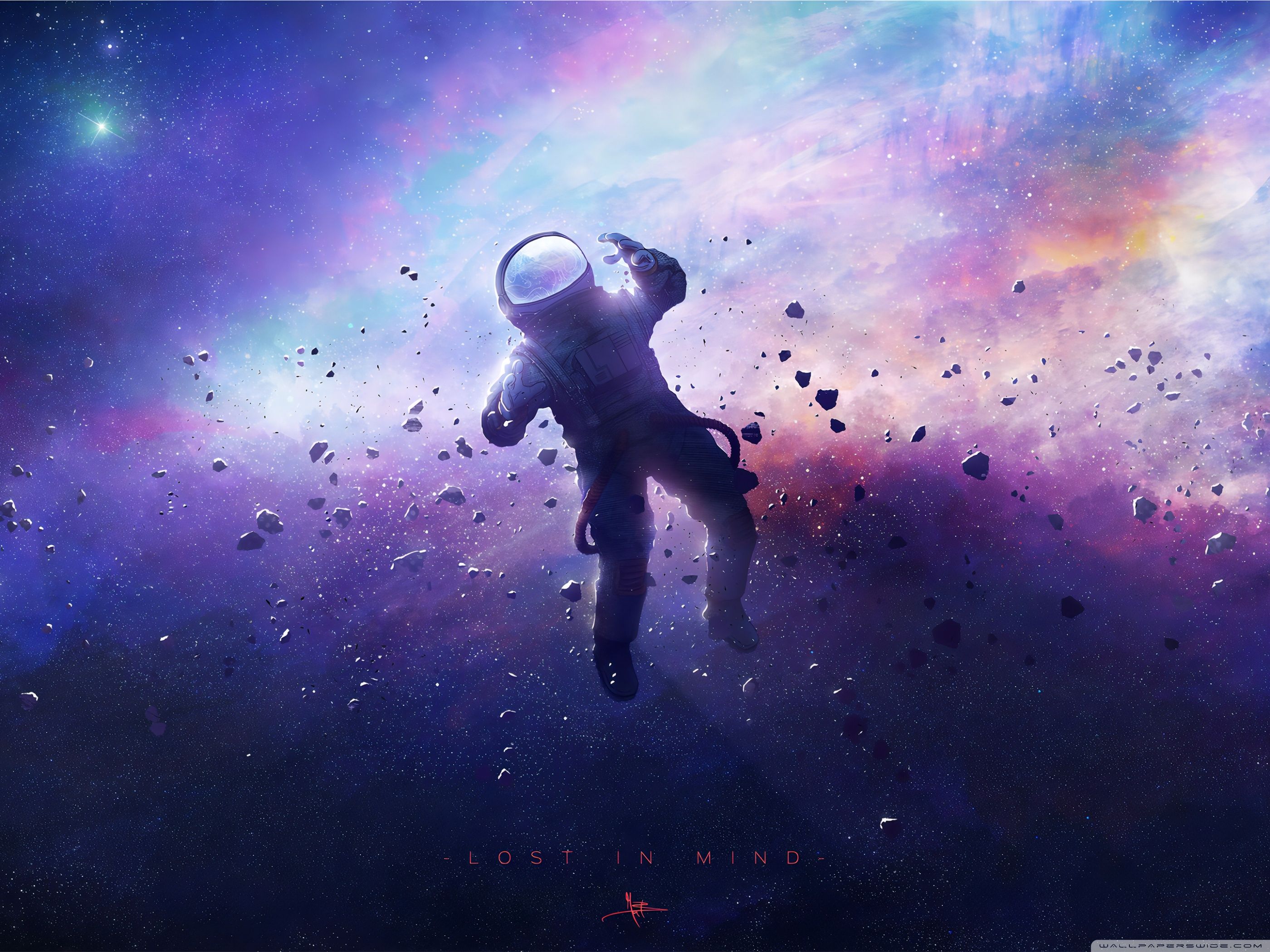 Astronaut, Schwerelosigkeit, Asteroiden, Weltraum, Digitale Kunst, Blau-Violett, iPad-Hintergrundbild