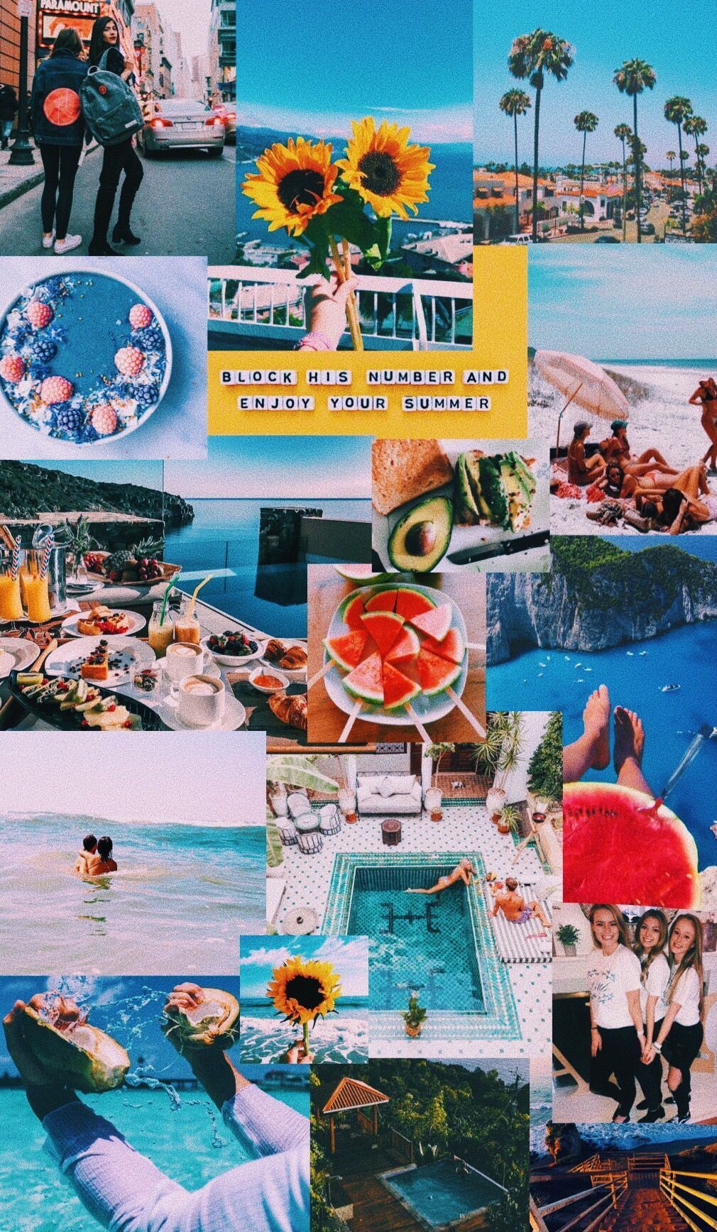 Collage, Sommer, Sonnenblumen, Pool, Bunt, HD, Handy-Hintergrund im Hochformat