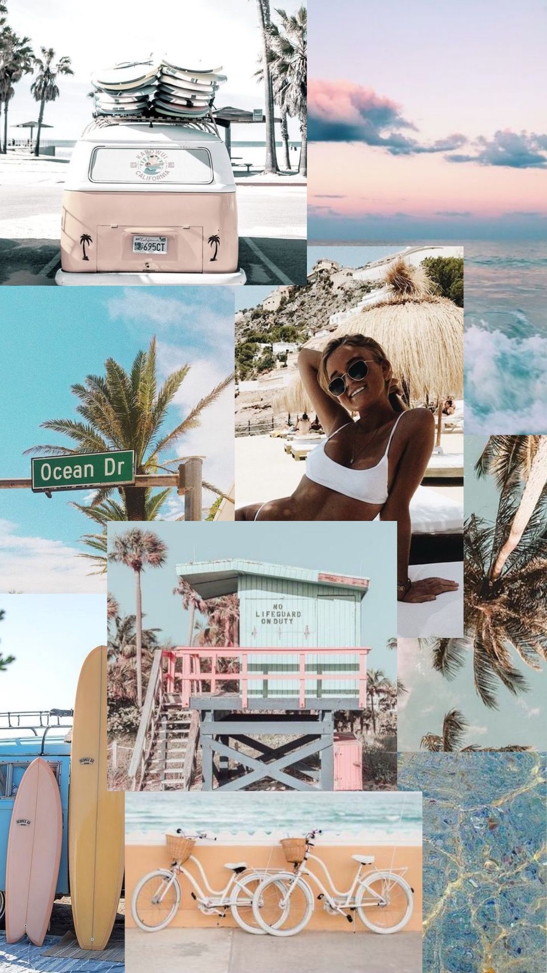 Collage, VW Bus, Strandhaus, Palmen, Pastell, Full HD, Handy-Hintergrund im Hochformat