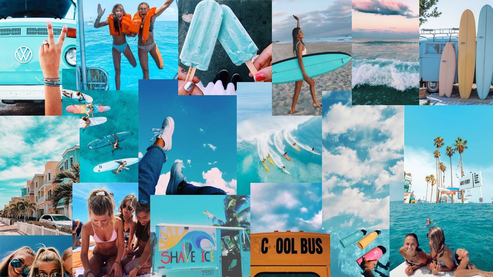 Collage, Surfbretter, Cool Bus, Freundinnen, Türkis, Full HD 1080p, Desktop-Hintergrundbild
