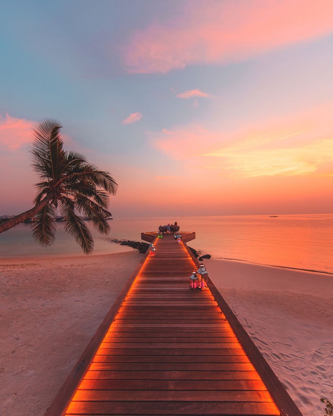 Steg, Palme, Sonnenuntergang, Meer, Tropen, Full HD, iPad-Hintergrundbild