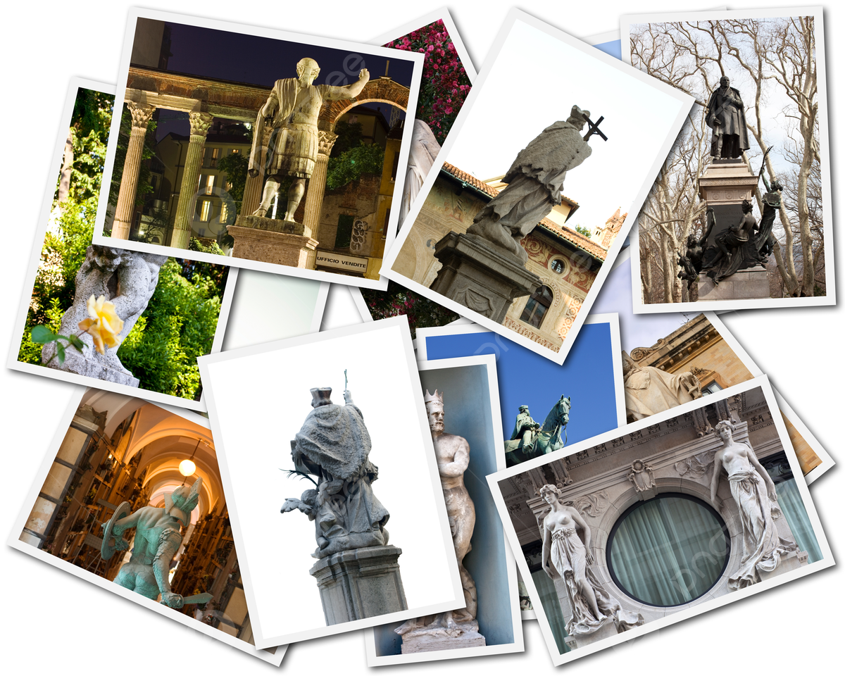 Fotos, Statuen, Collage, Reiseerinnerungen, Hintergrundbild