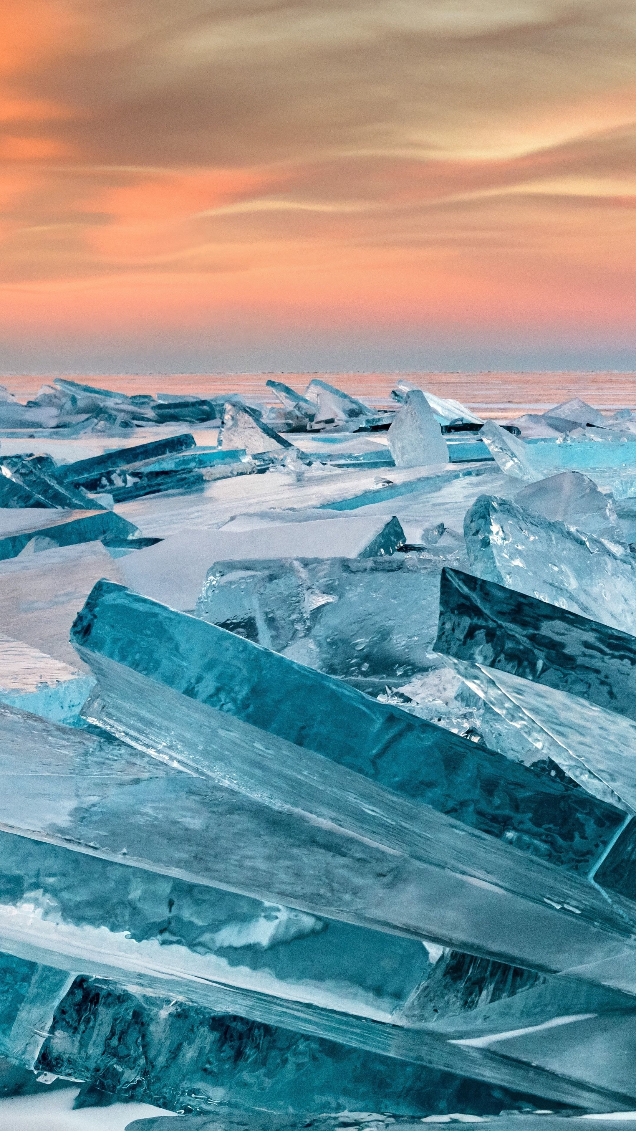 Baikalsee, Packeis, Türkisfarbenes Eis, Abendhimmel, Winter, QHD+, Handy-Hintergrund