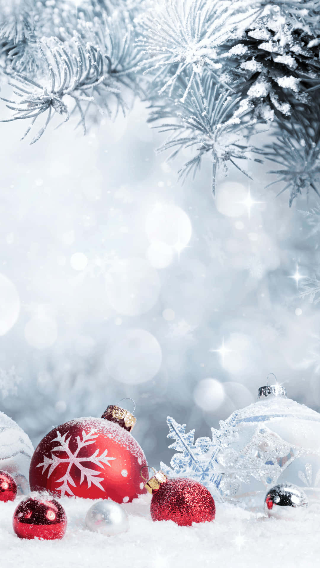 Christbaumkugeln, Schnee, Tannenzapfen, Bokeh, Weiße Töne, Full HD, iPhone-Hintergrundbild