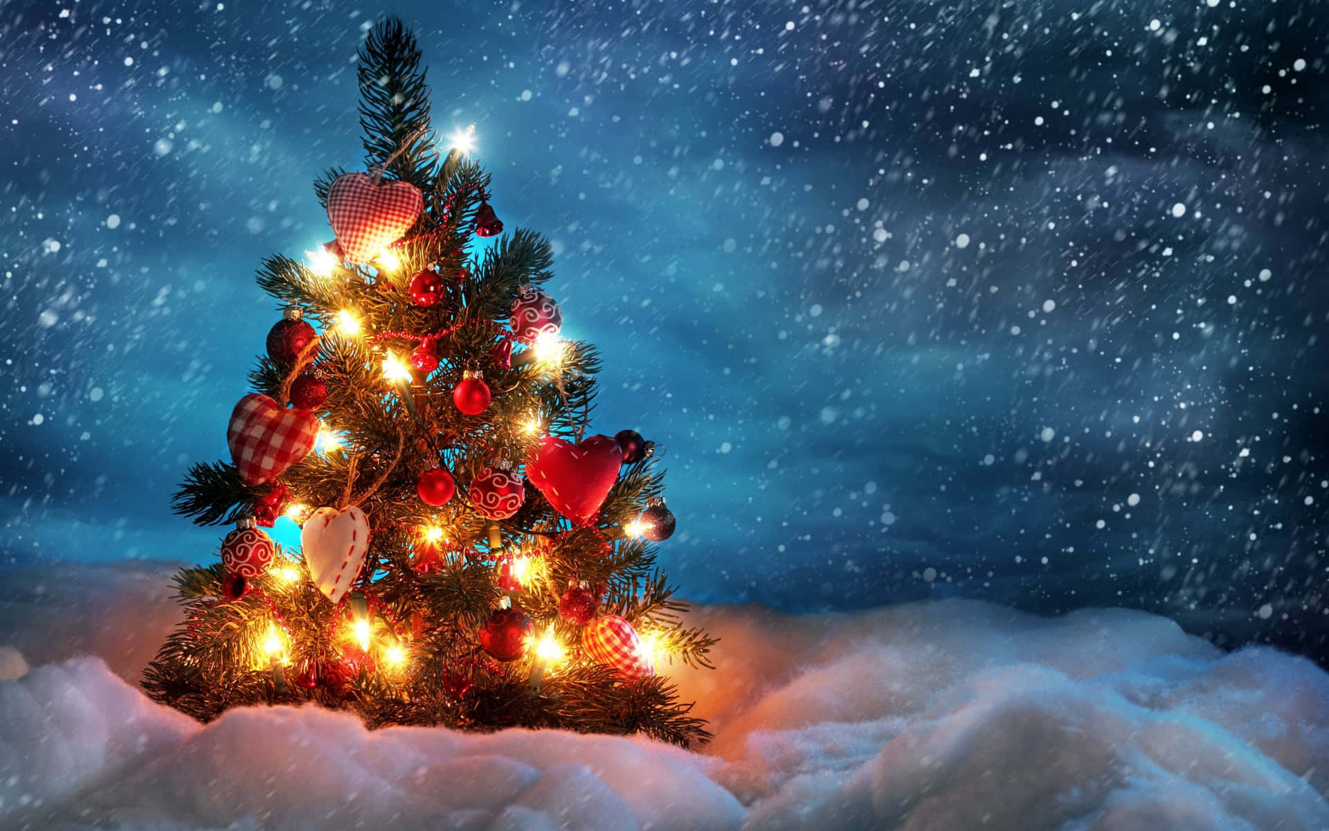 Weihnachtsbaum, Lichter, Schnee, Nacht, Schneefall, 16:10, Full-HD-Hintergrundbild für den Desktop