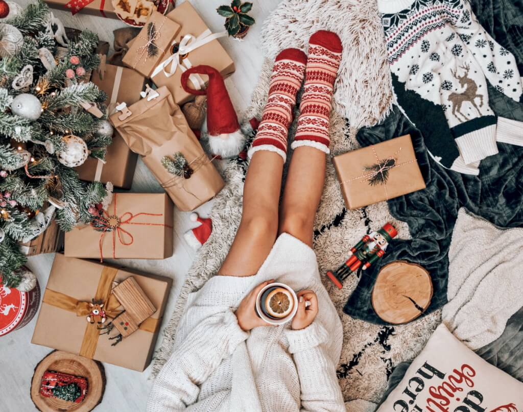 Geschenke, Kuschelsocken, Tasse, Decke, Flat Lay, Gemütlich, Hintergrundbild