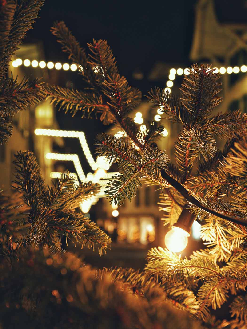 Tannenzweige, Lichterketten, Nacht, Bokeh, Weihnachtsmarkt, Hintergrundbild fürs iPad