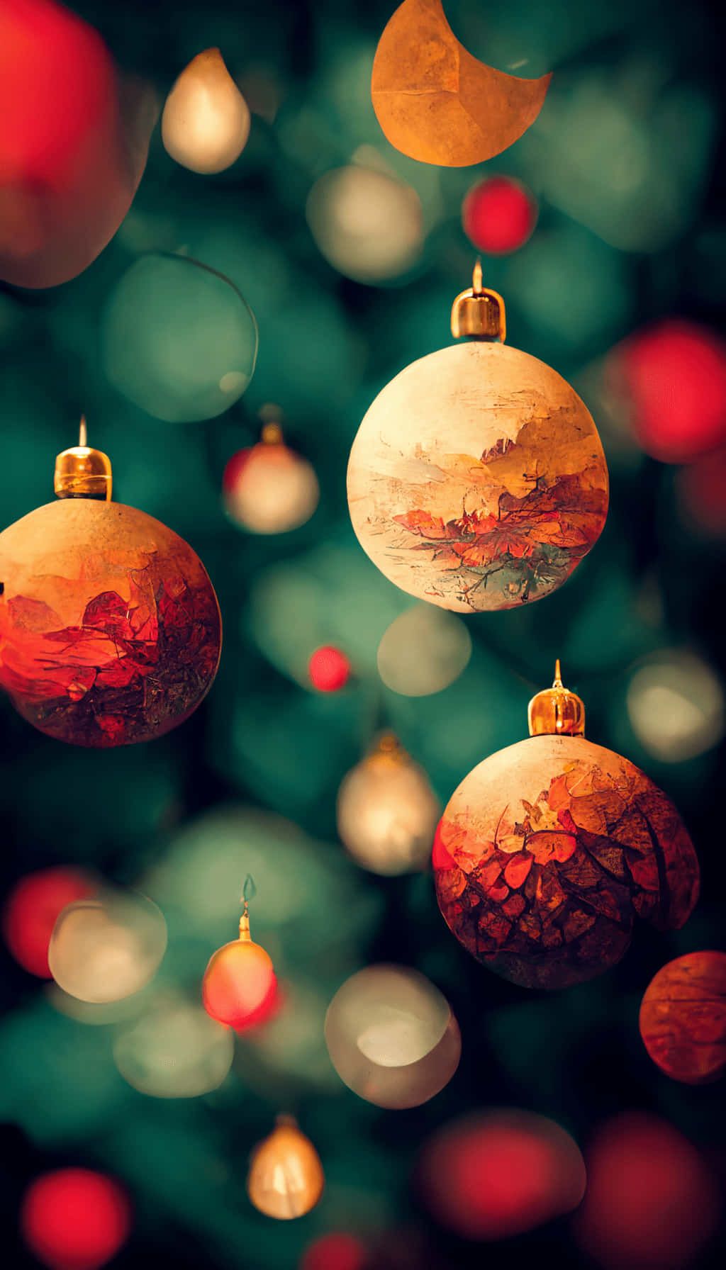 Christbaumkugeln, Illustration, Bokeh, Orangetöne, Grüner Hintergrund, Sperrbildschirm fürs iPhone