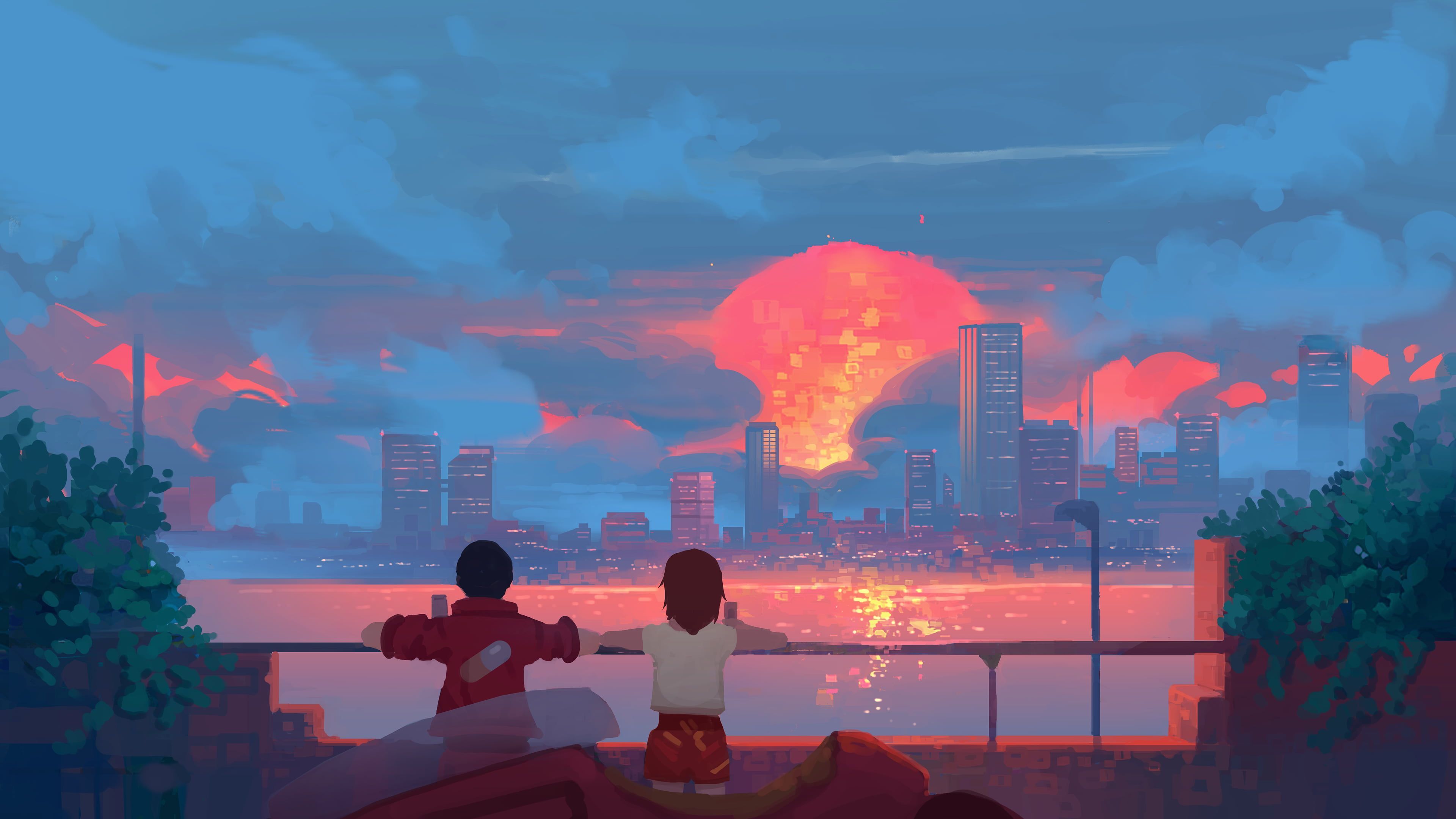 Paar, Skyline, Sonnenuntergang, Anime-Stil, Wolken, Stadt, 4K, Breitbild-Hintergrundbild